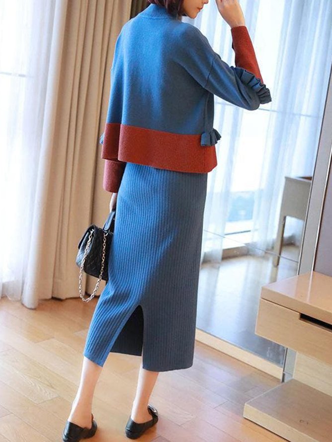 Regular Fit Color Block Casual Sweater Skirt