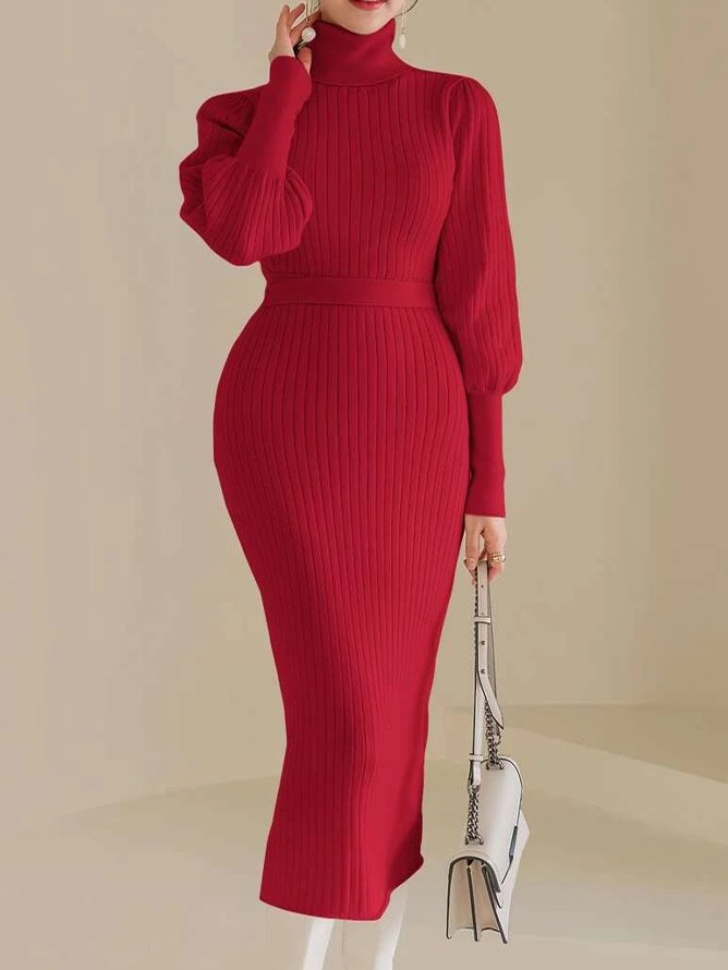 Regular Fit Balloon Sleeve Elegant Plain Sweater Dress With Belt