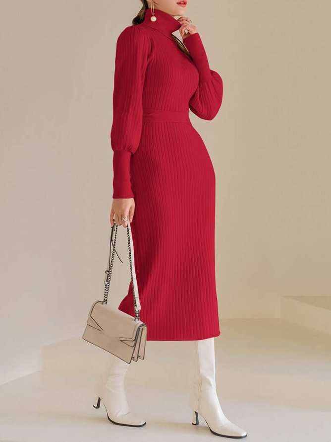 Regular Fit Balloon Sleeve Elegant Plain Sweater Dress With Belt