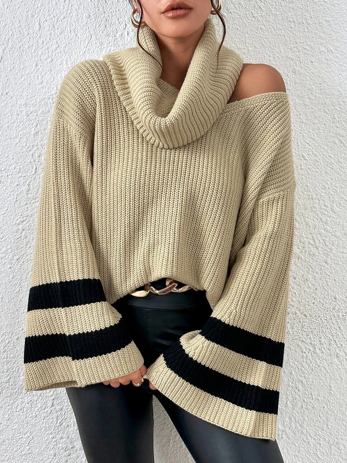 Casual Color Block Loose Turtleneck Long Sleeve Sweater