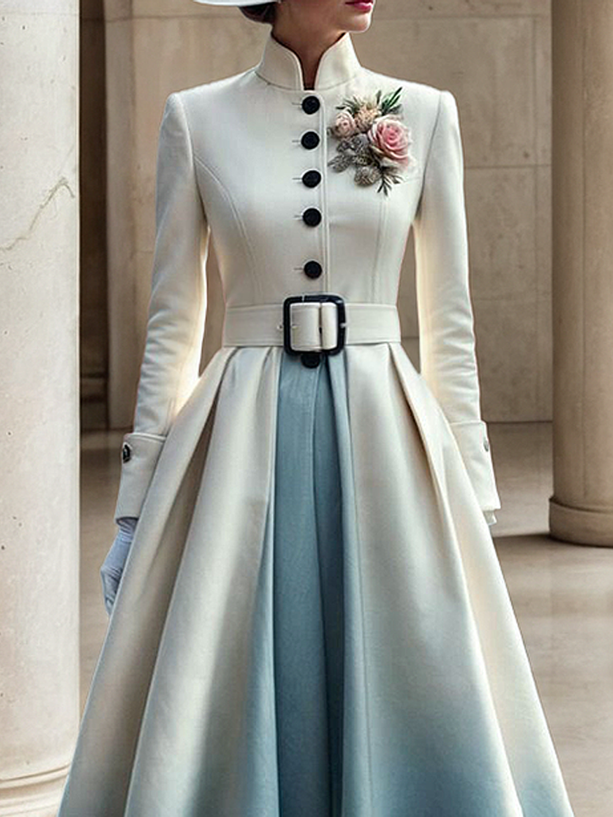 Regular Sleeve Elegant Stand Collar Ombre Regular Fit Coat With Belt Corsage not included