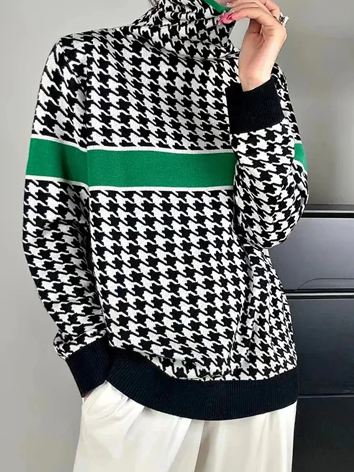 Turtleneck Houndstooth Casual Loose Color Block Sweater