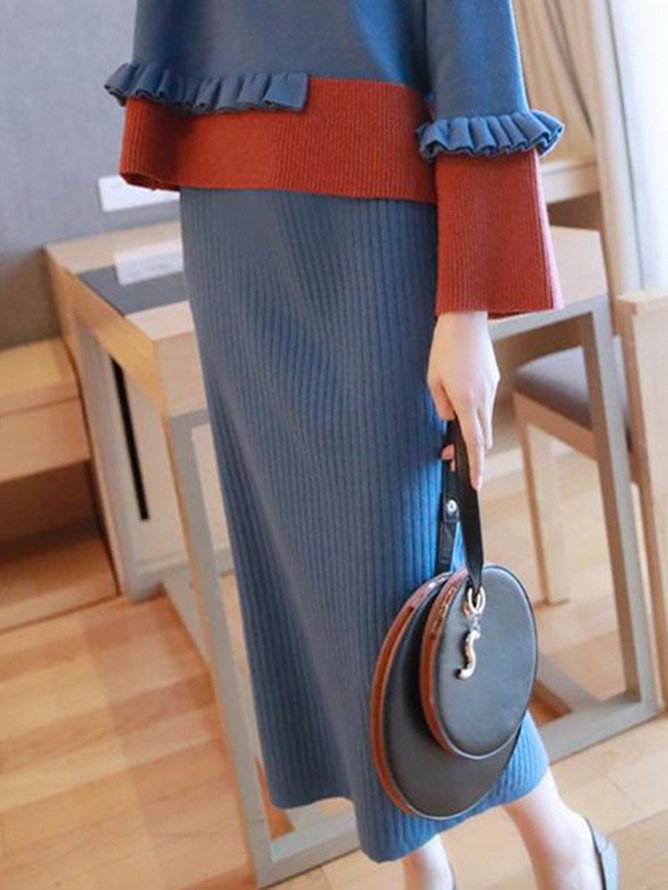 Regular Fit Color Block Casual Sweater Skirt