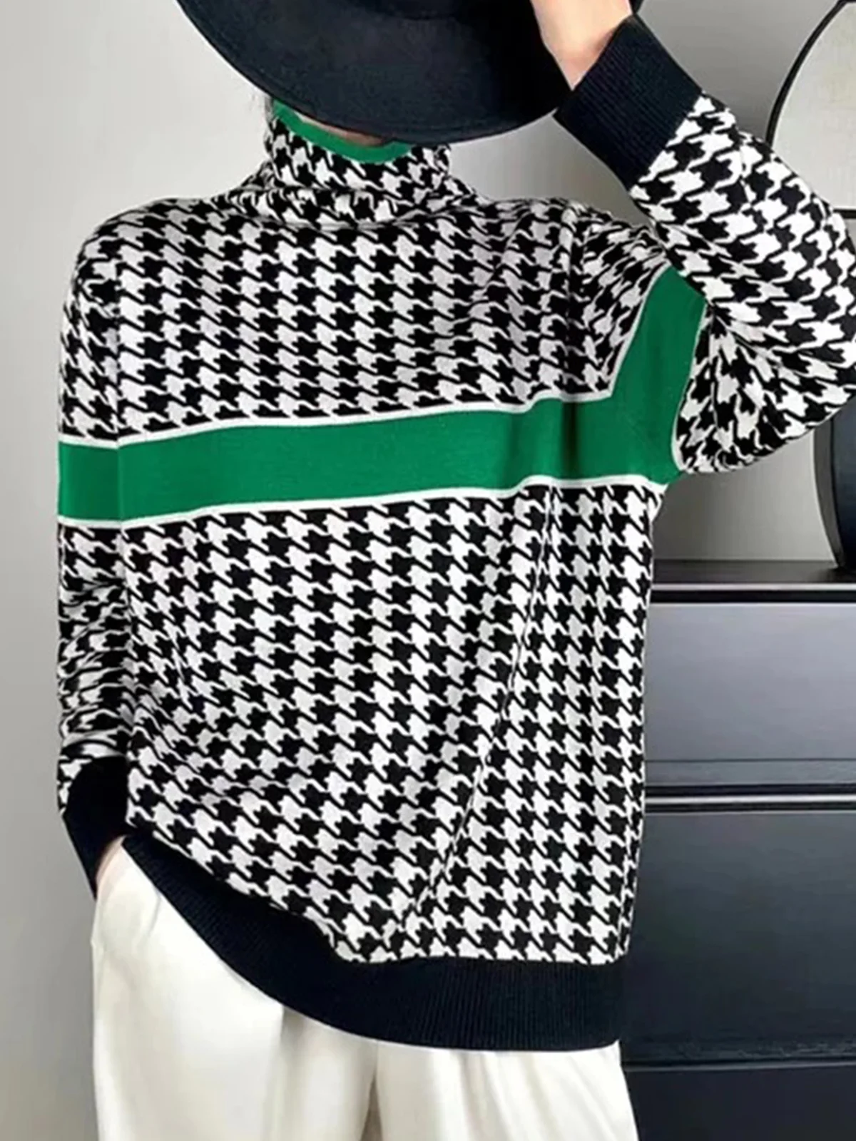 Turtleneck Houndstooth Casual Loose Color Block Sweater