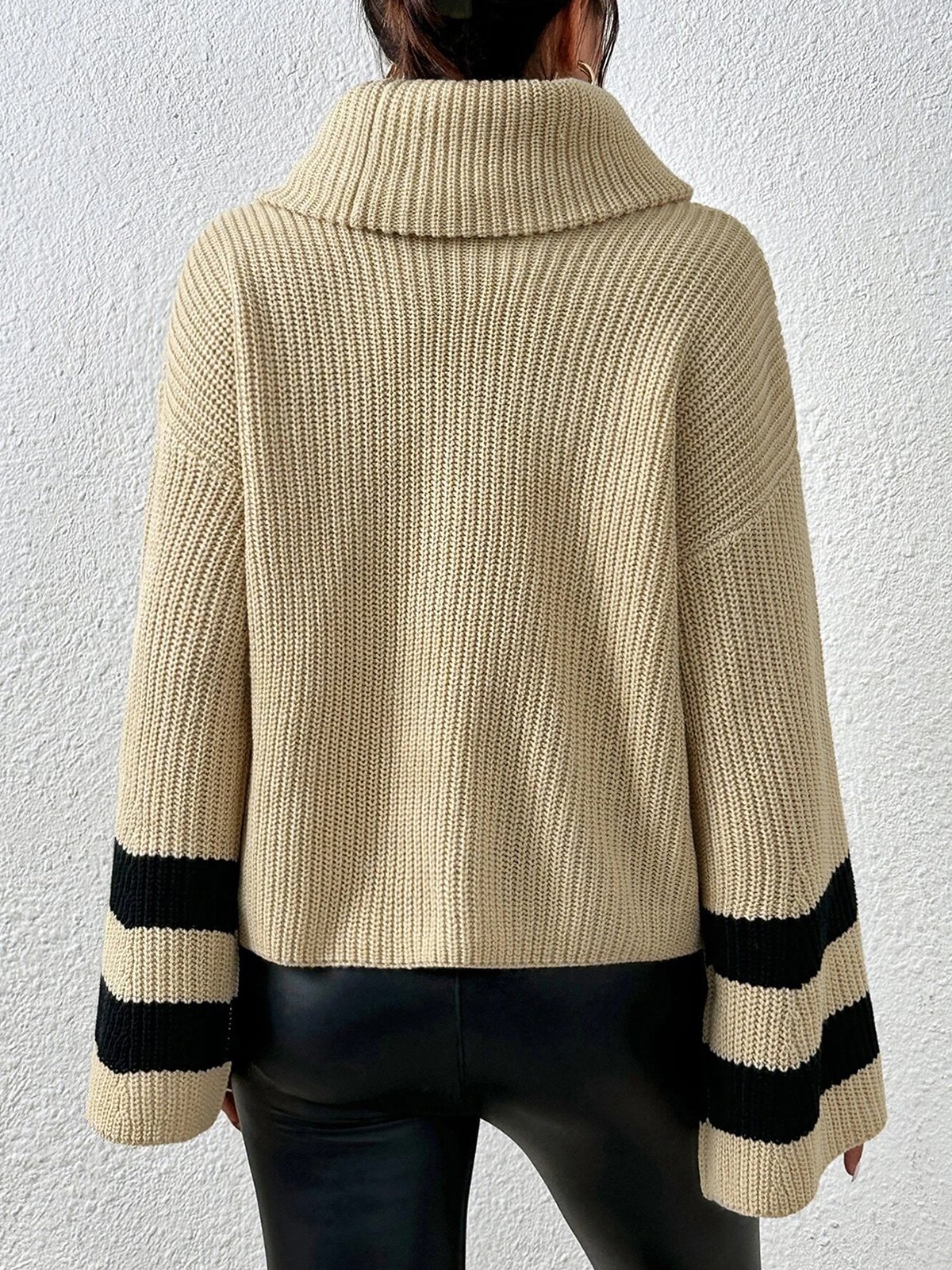 Casual Color Block Loose Turtleneck Long Sleeve Sweater