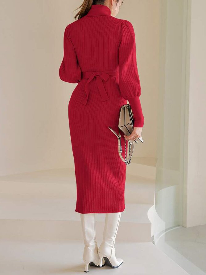 Regular Fit Balloon Sleeve Elegant Plain Sweater Dress With Belt