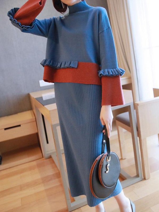 Regular Fit Color Block Casual Sweater Skirt