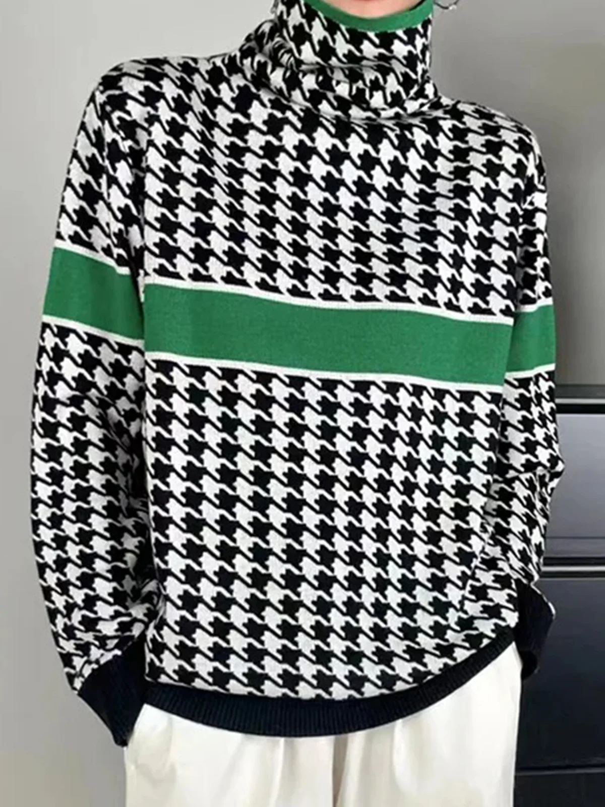 Turtleneck Houndstooth Casual Loose Color Block Sweater