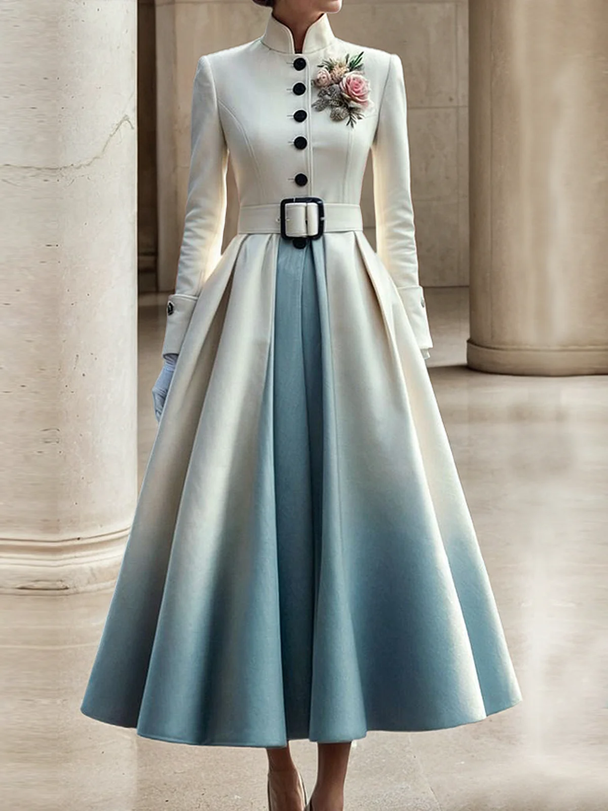 Regular Sleeve Elegant Stand Collar Ombre Regular Fit Coat With Belt Corsage not included