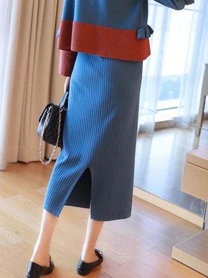 Regular Fit Color Block Casual Sweater Skirt