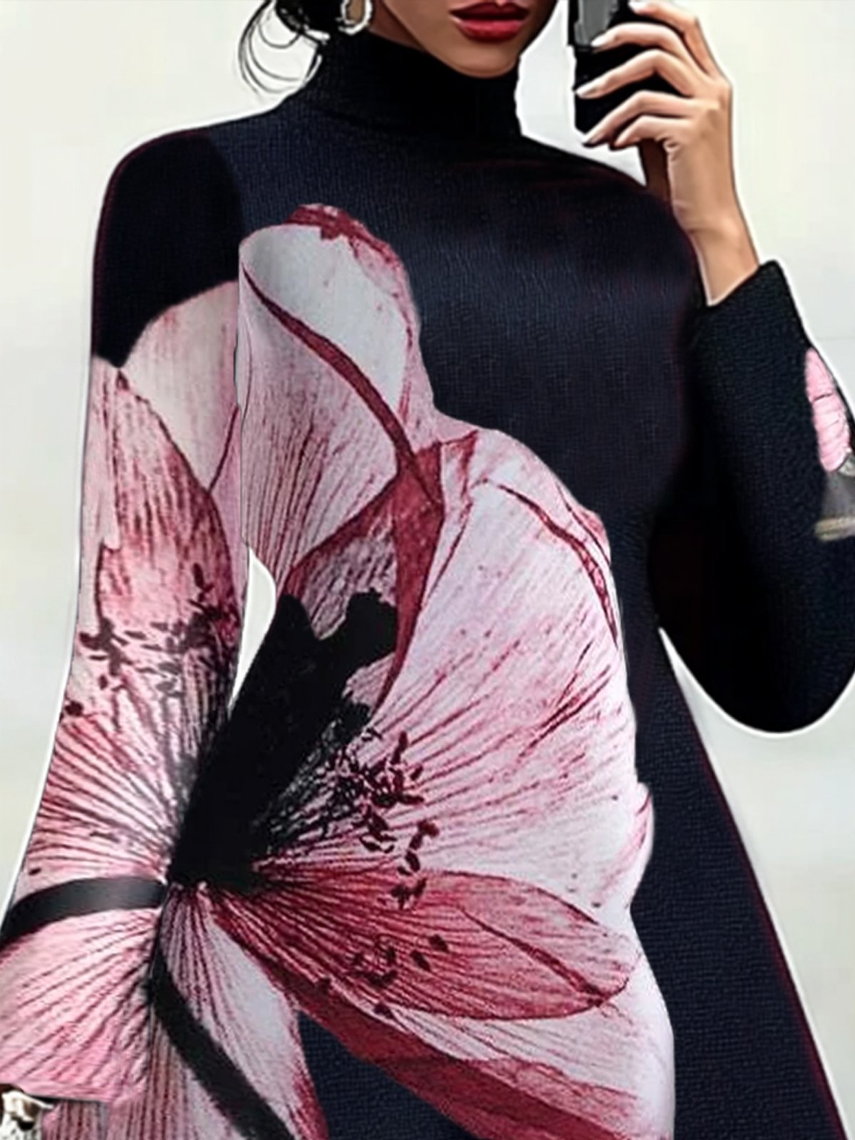 Regular Sleeve Regular Fit Elegant Floral Sweater Dress