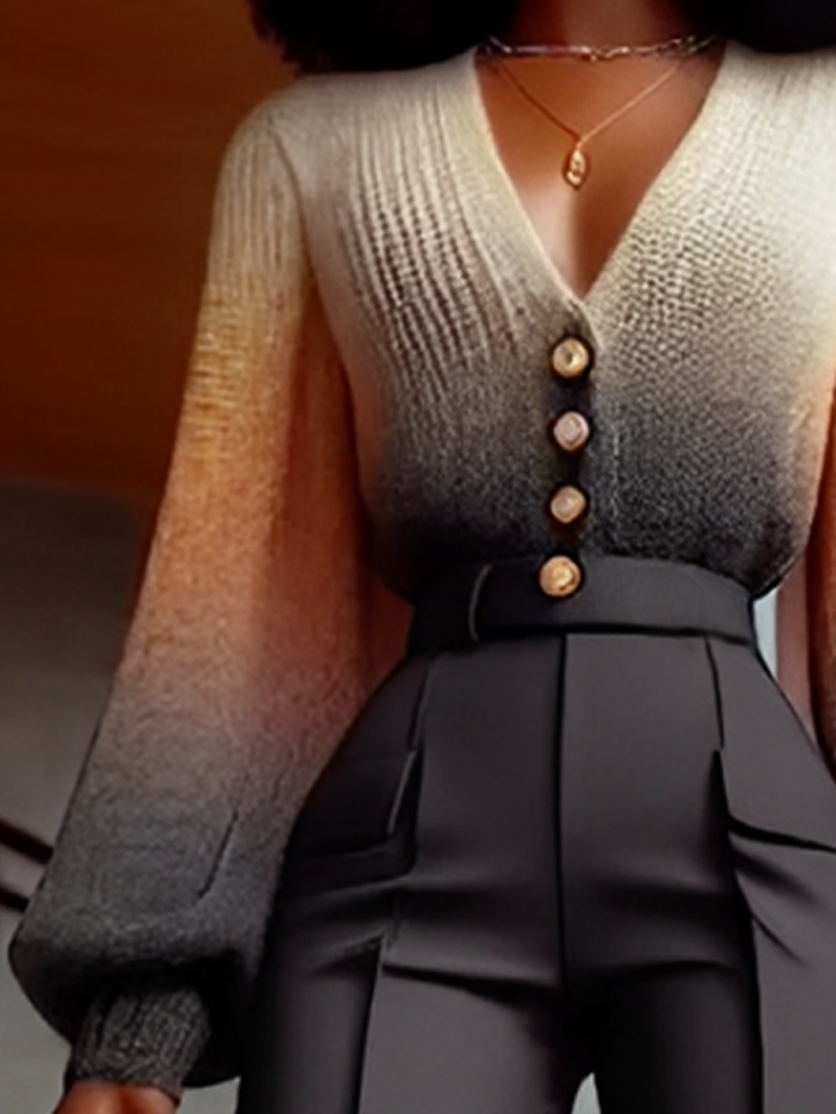 High Elasticity Urban V Neck Long Sleeve Balloon Sleeve  sweater Cardigan