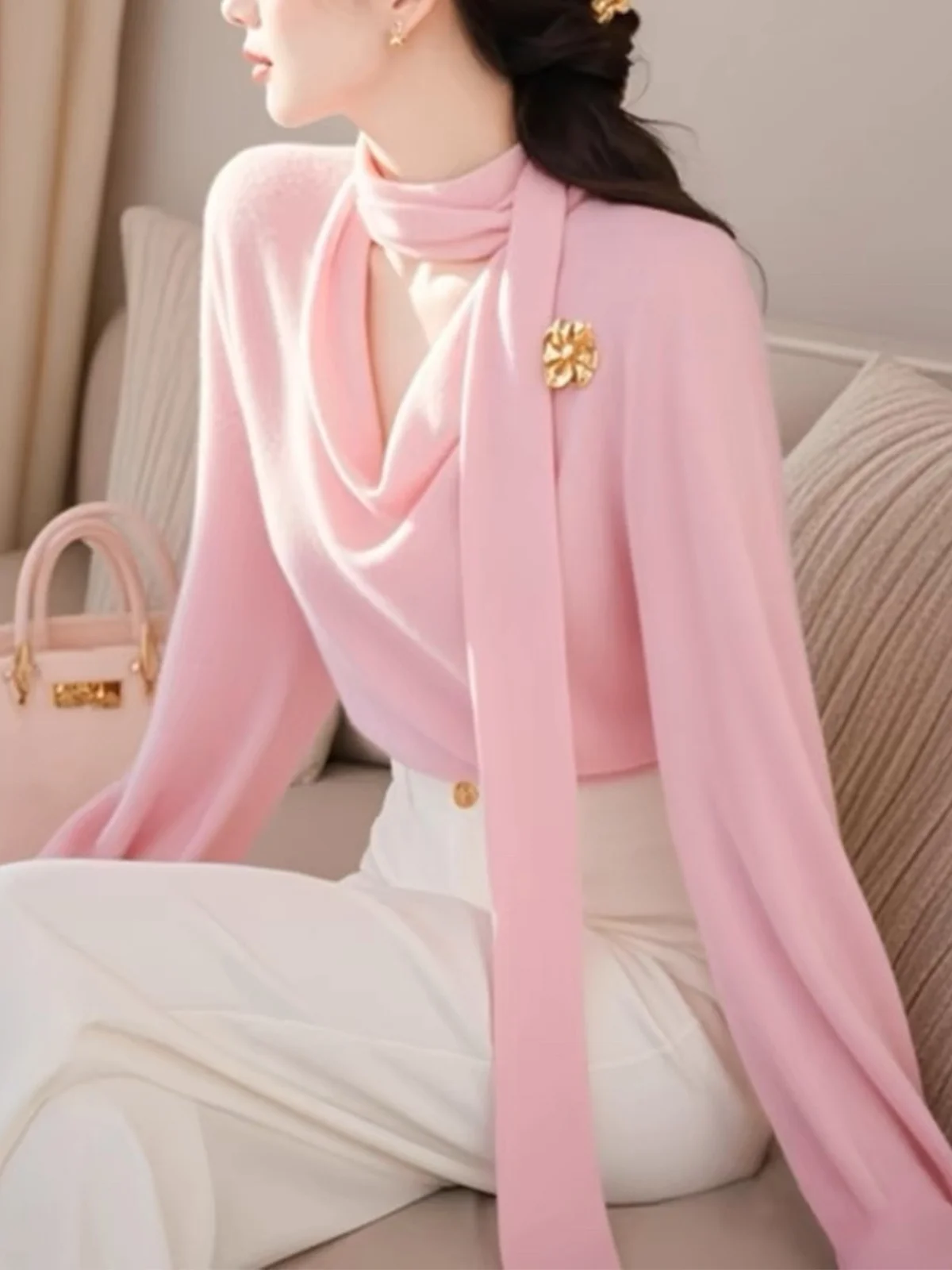 Elegant Cowl Neck Regular Sleeve Plain Sweater With Brooch