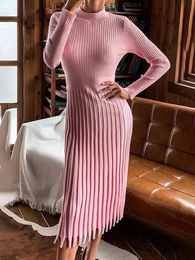 Mock Neck Regular Sleeve Plain Elegant Sweater Dress