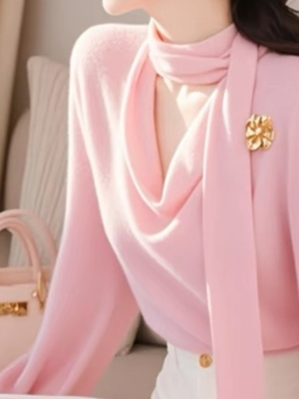 Elegant Cowl Neck Regular Sleeve Plain Sweater With Brooch