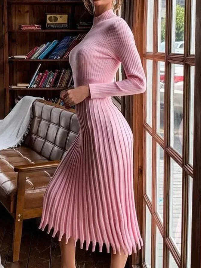 Mock Neck Regular Sleeve Plain Elegant Sweater Dress