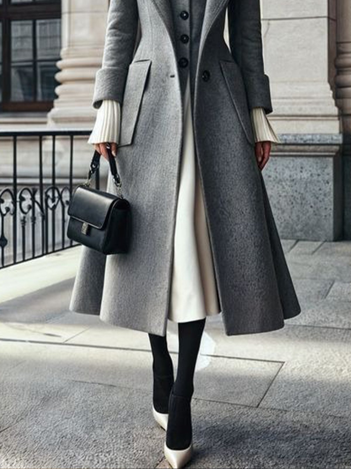 Elegant Plain Lapel Collar Long Sleeve Wool-Blend Coat