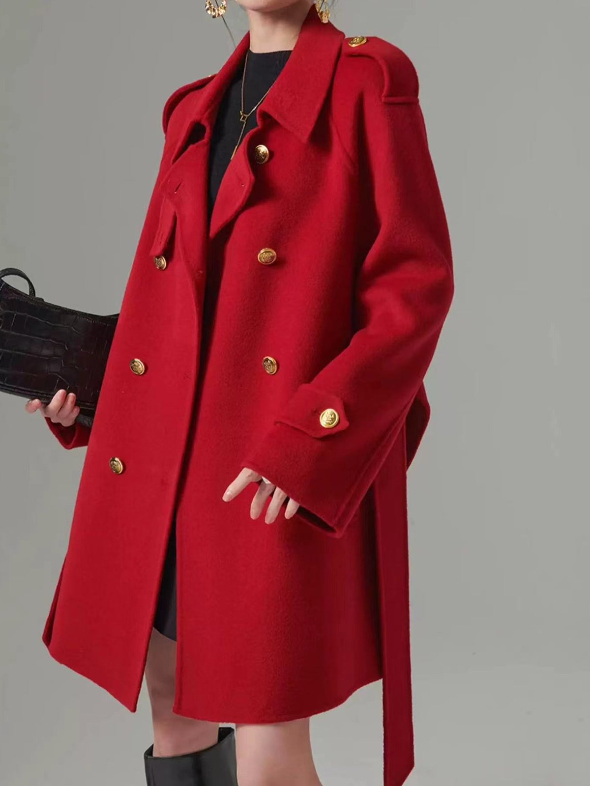 Buttoned Urban Regular Sleeve Wool-Blend Coat With Belt