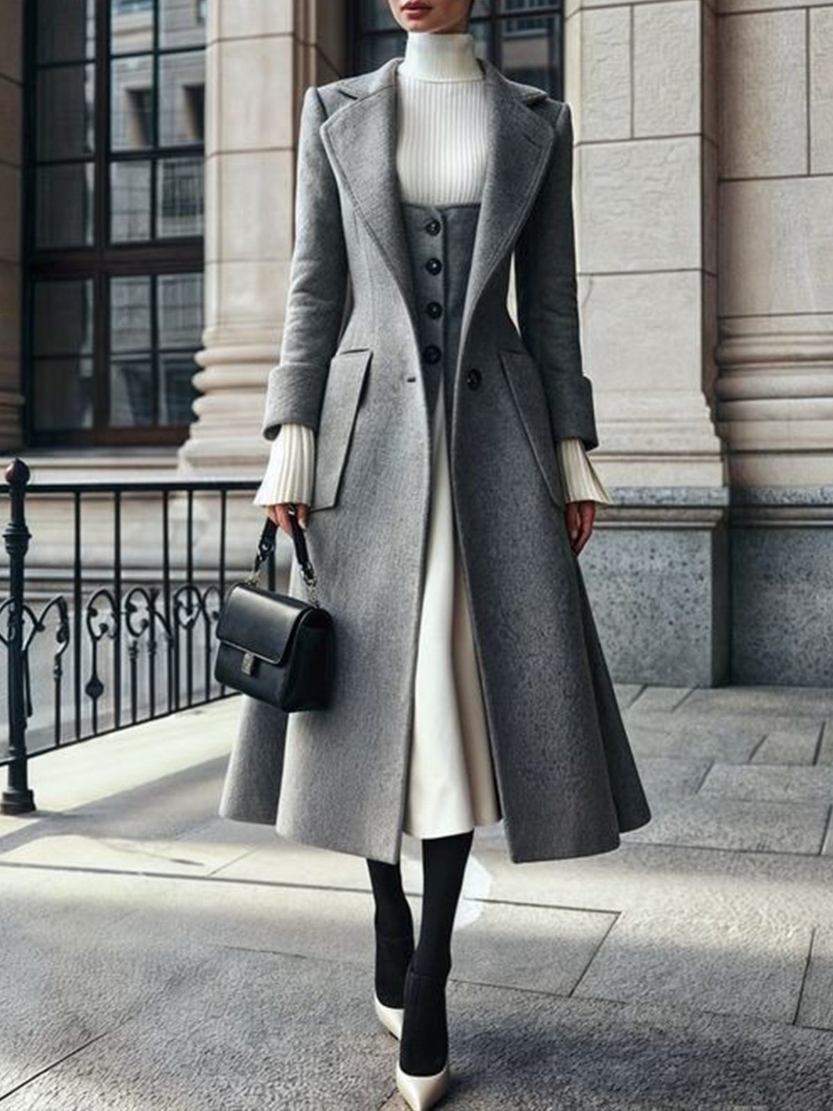 Elegant Plain Lapel Collar Long Sleeve Wool-Blend Coat