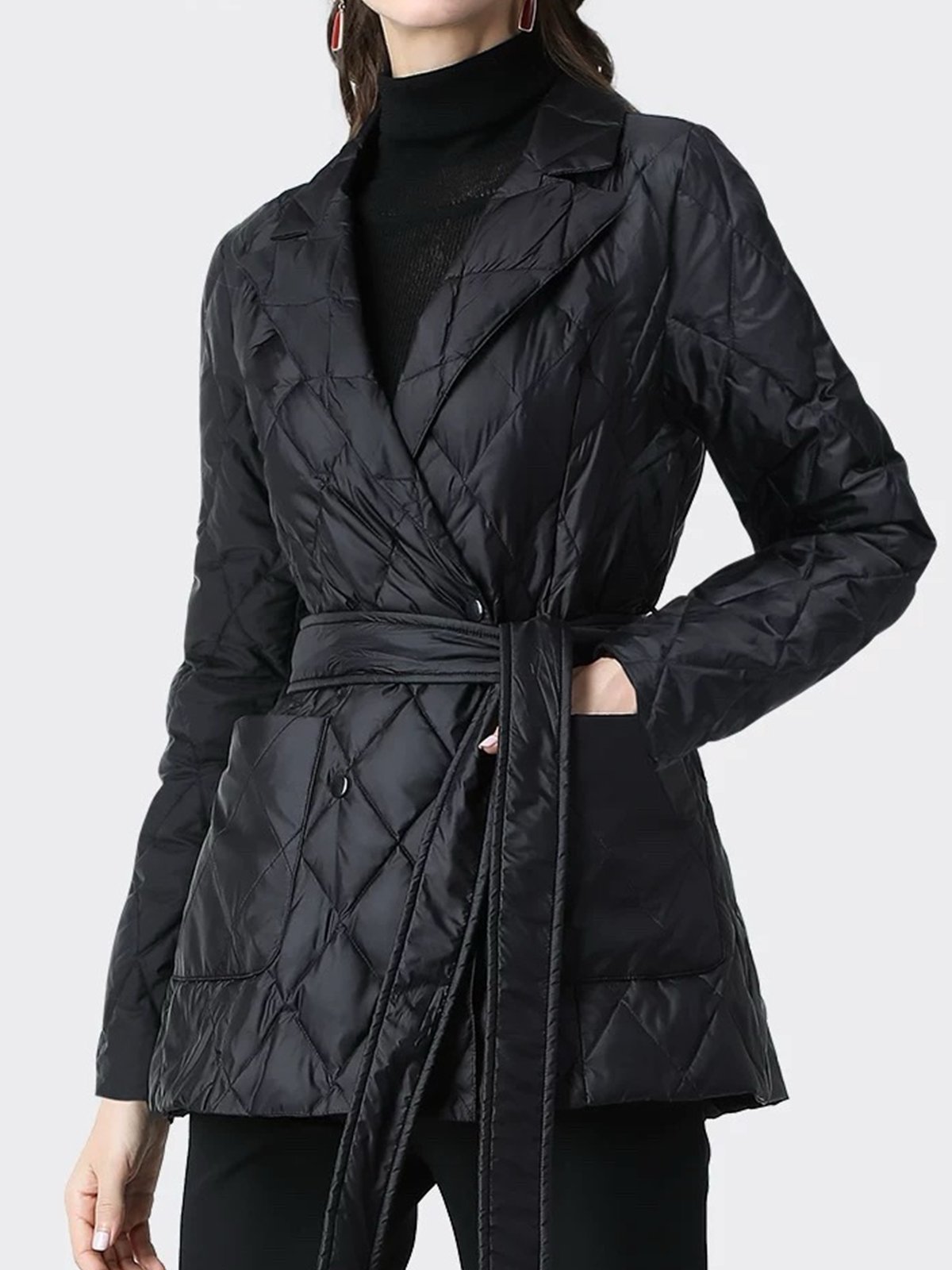 Lapel Collar Plain Urban Padded Jacket With Belt