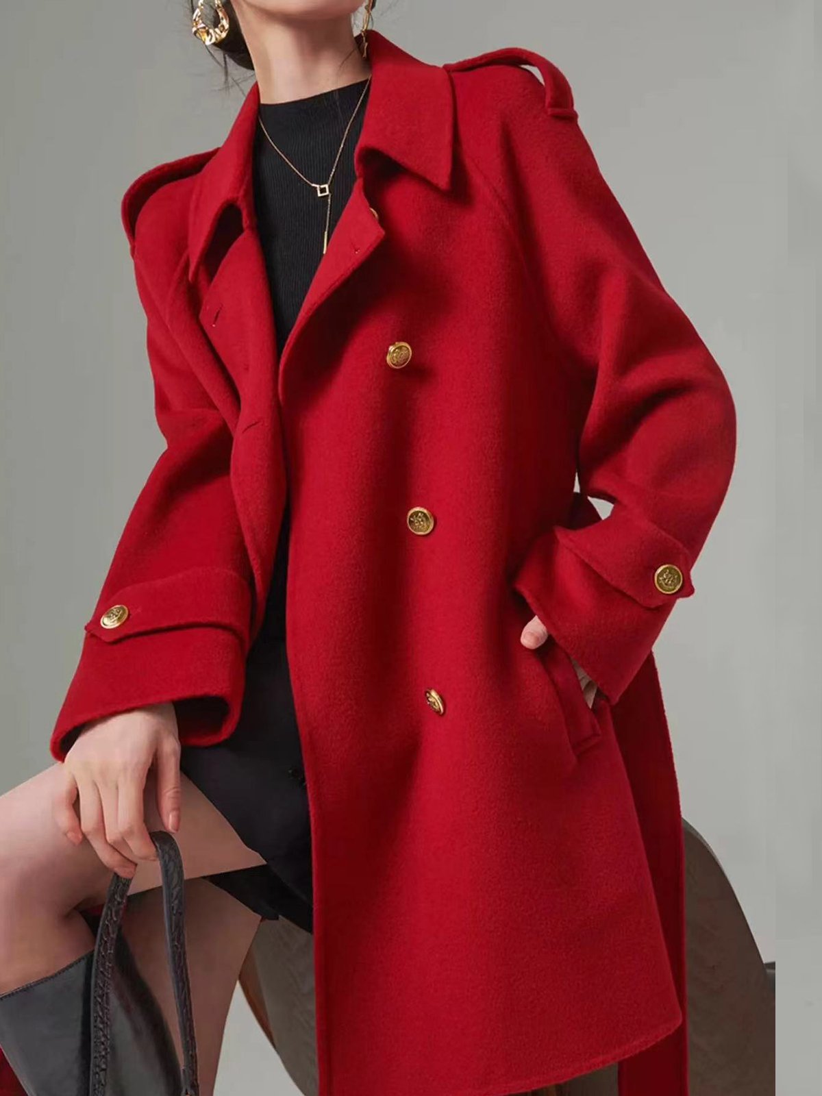 Buttoned Urban Regular Sleeve Wool-Blend Coat With Belt