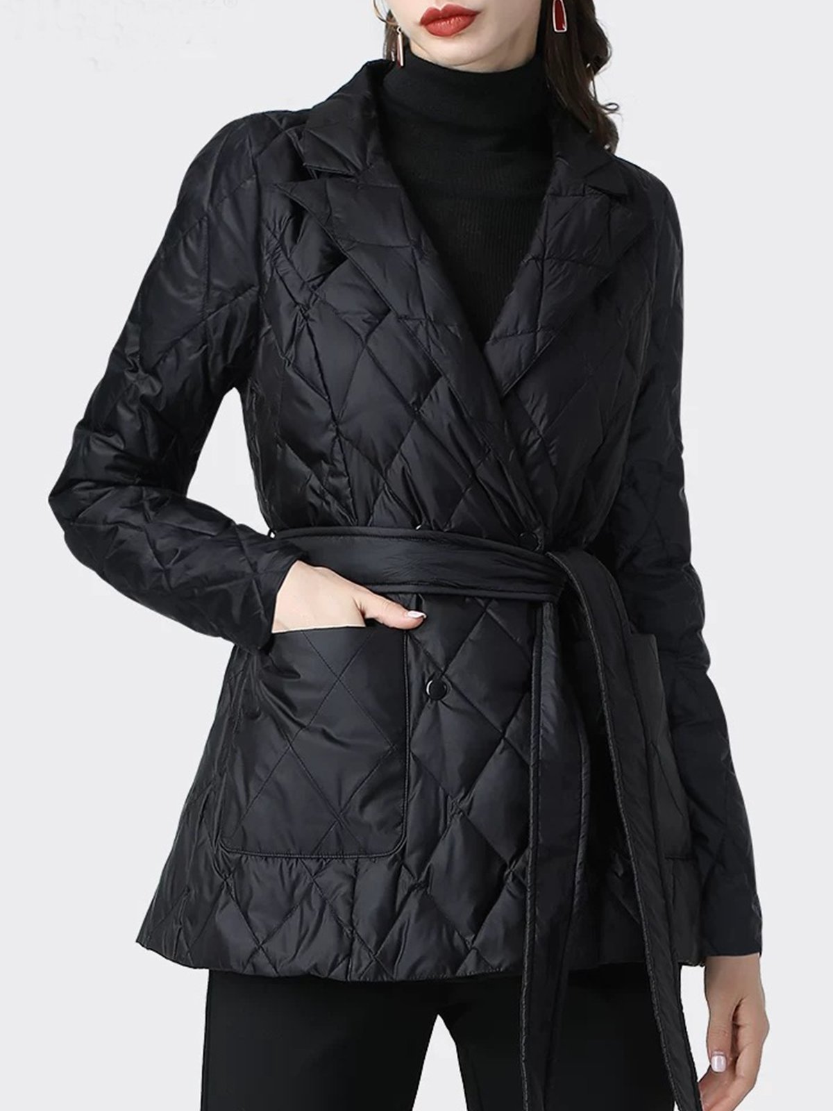 Lapel Collar Plain Urban Padded Jacket With Belt