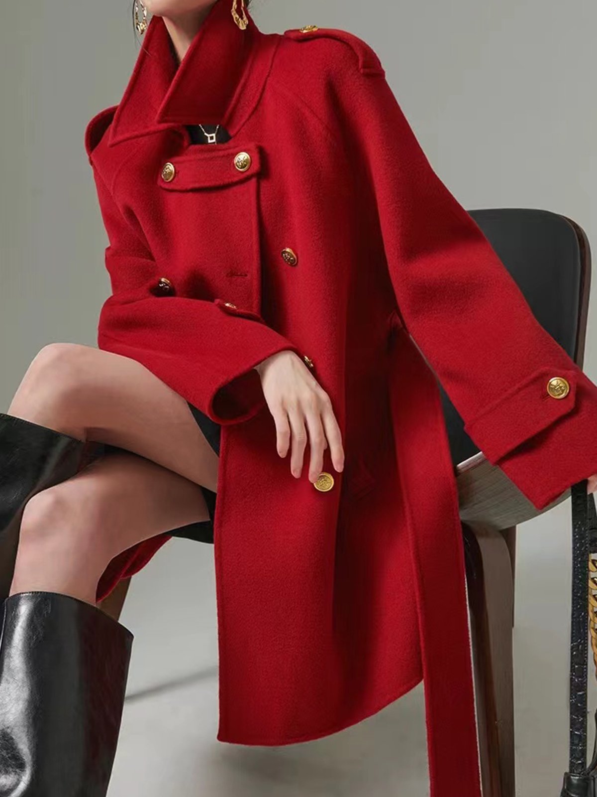 Buttoned Urban Regular Sleeve Wool-Blend Coat With Belt