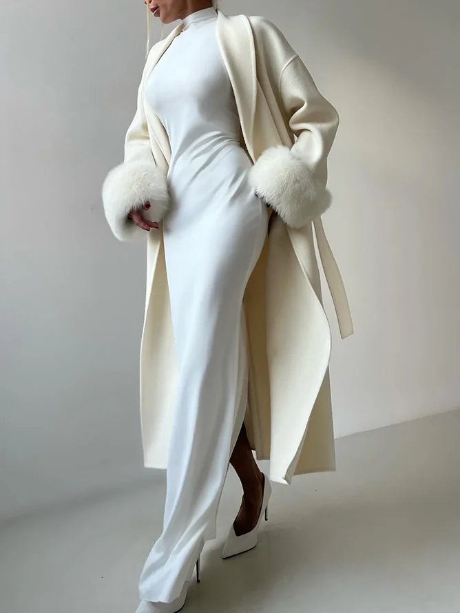 Regular Sleeve Elegant Plain Coat With Belt