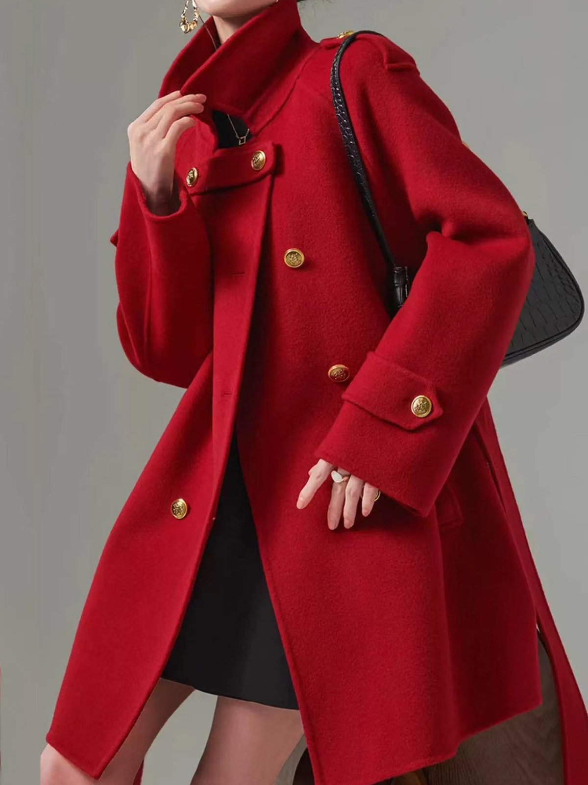 Buttoned Urban Regular Sleeve Wool-Blend Coat With Belt