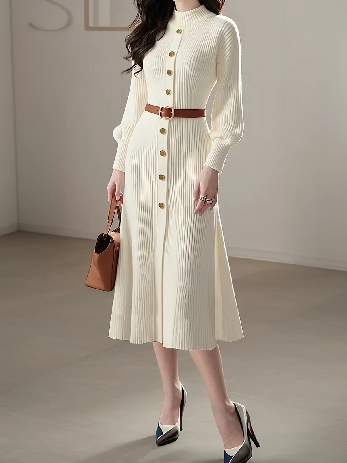 High Elasticity Regular Fit Elegant Regular Stand Collar Sleeve Long Sleeve Sweater Dress With No Belt