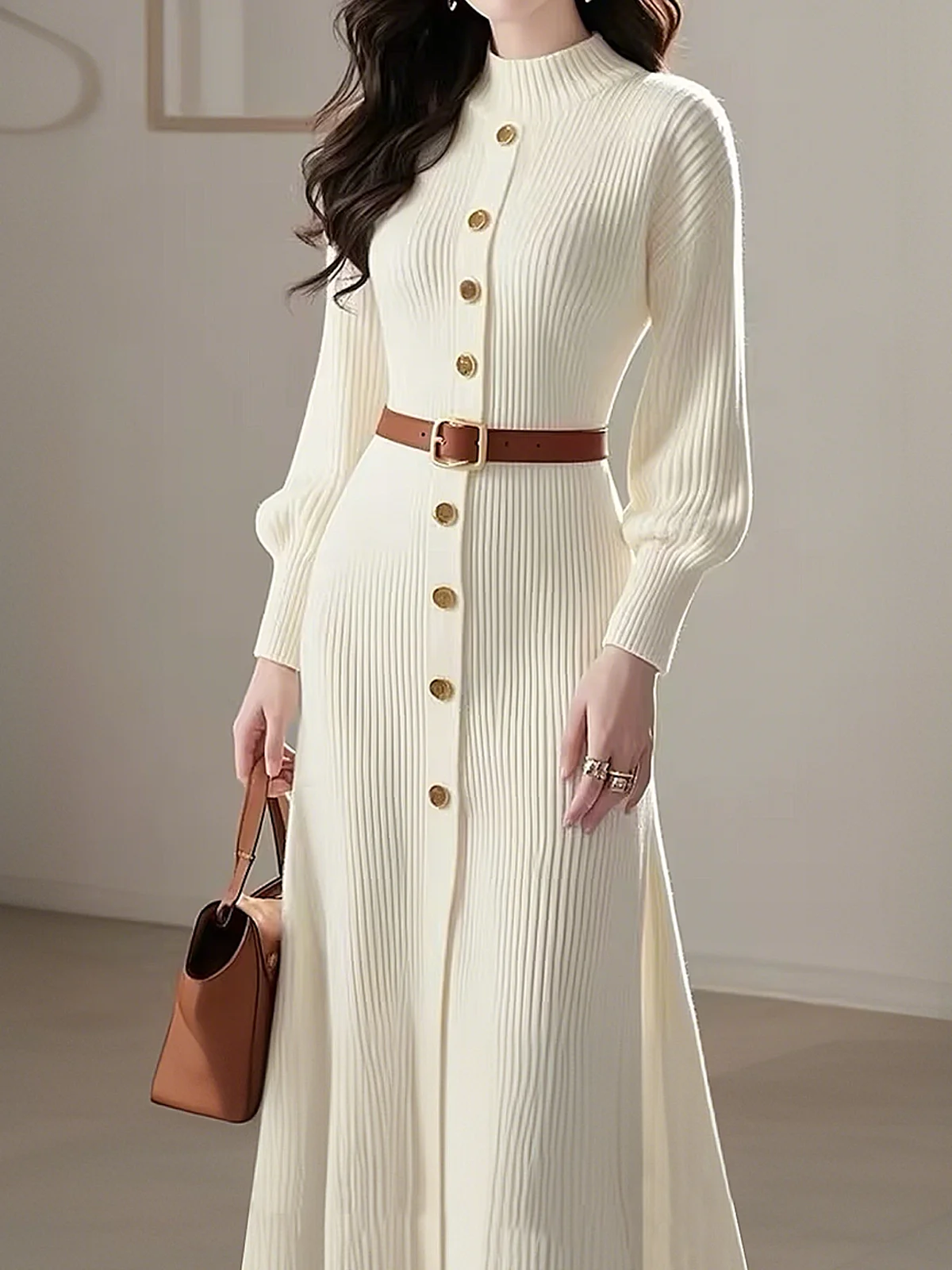 High Elasticity Regular Fit Elegant Regular Stand Collar Sleeve Long Sleeve Sweater Dress With No Belt