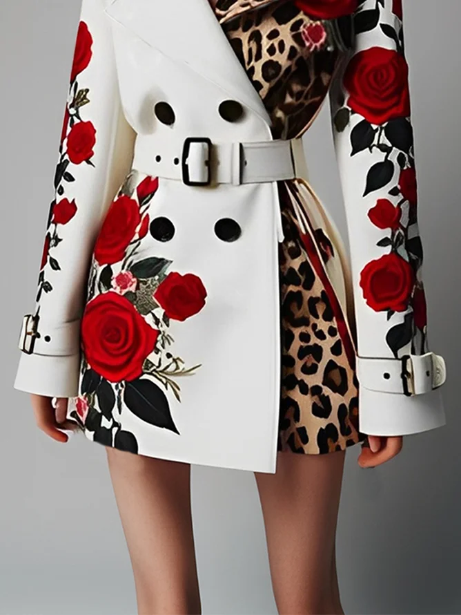 Elegant Floral Double-breasted  Blazer With Belt