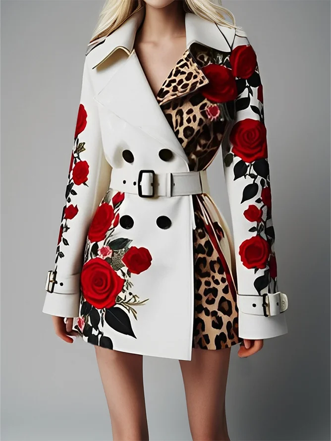 Elegant Floral Double-breasted  Blazer With Belt