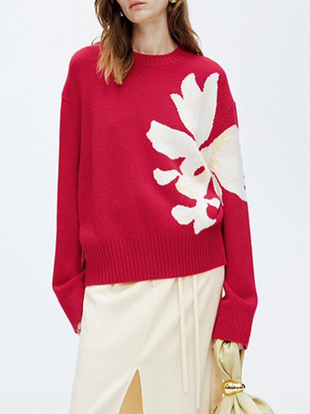 Crew Neck Loose Floral Long Sleeve Sweater