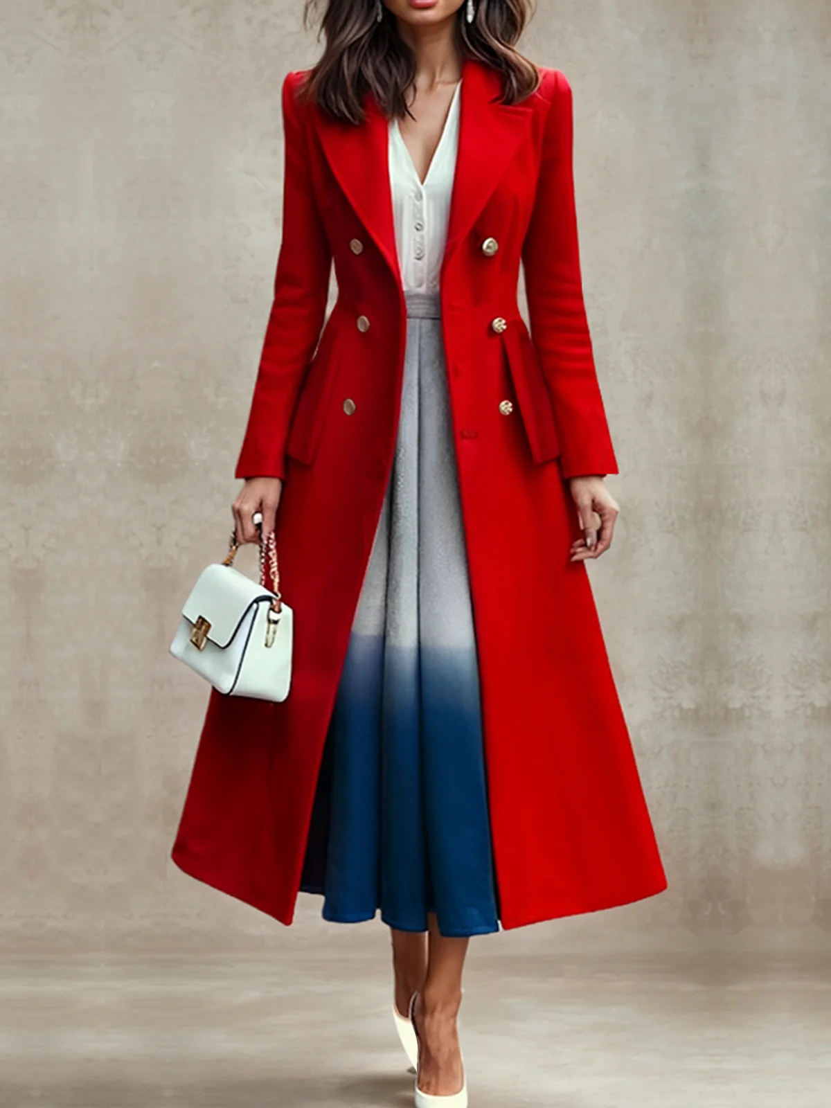 Plain Regular Fit Regular Sleeve Lapel CollarLong Sleeve Elegant Long Coat