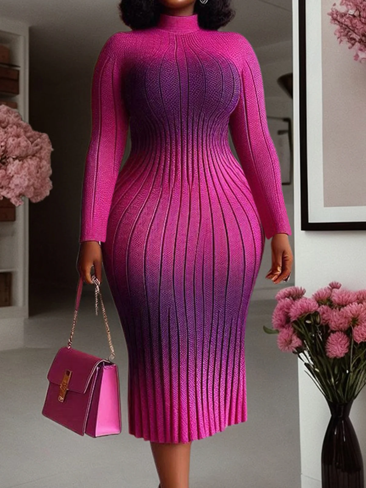 Ombre Long Sleeve Stand Collar Elegant Sweater Midi Dress