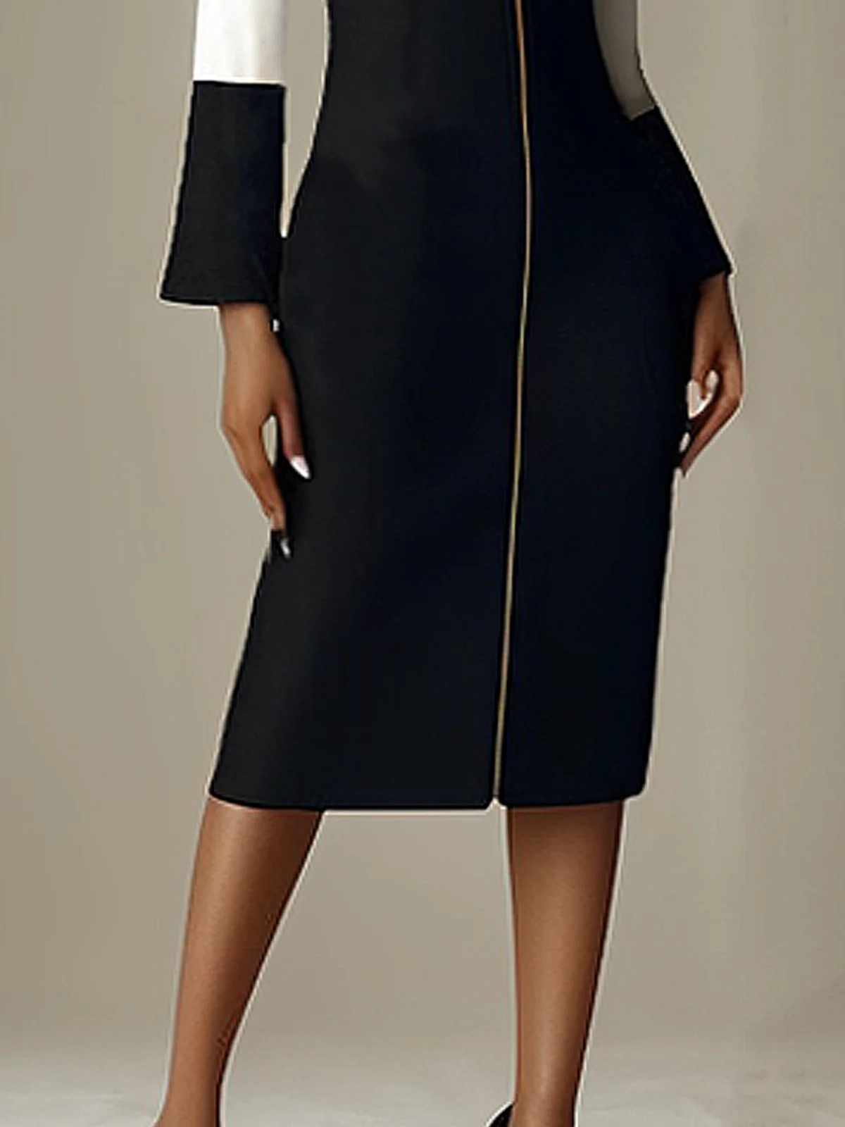 Micro-Elasticity Elegant Regular Sleeve Color Block Long Sleeve Tight Midi Dress