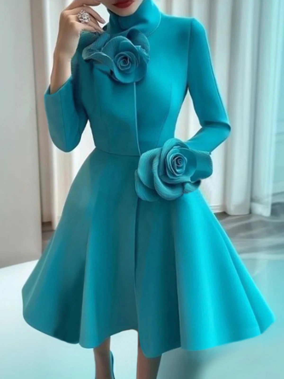 Elegant 3D Floral Turtleneck Dress