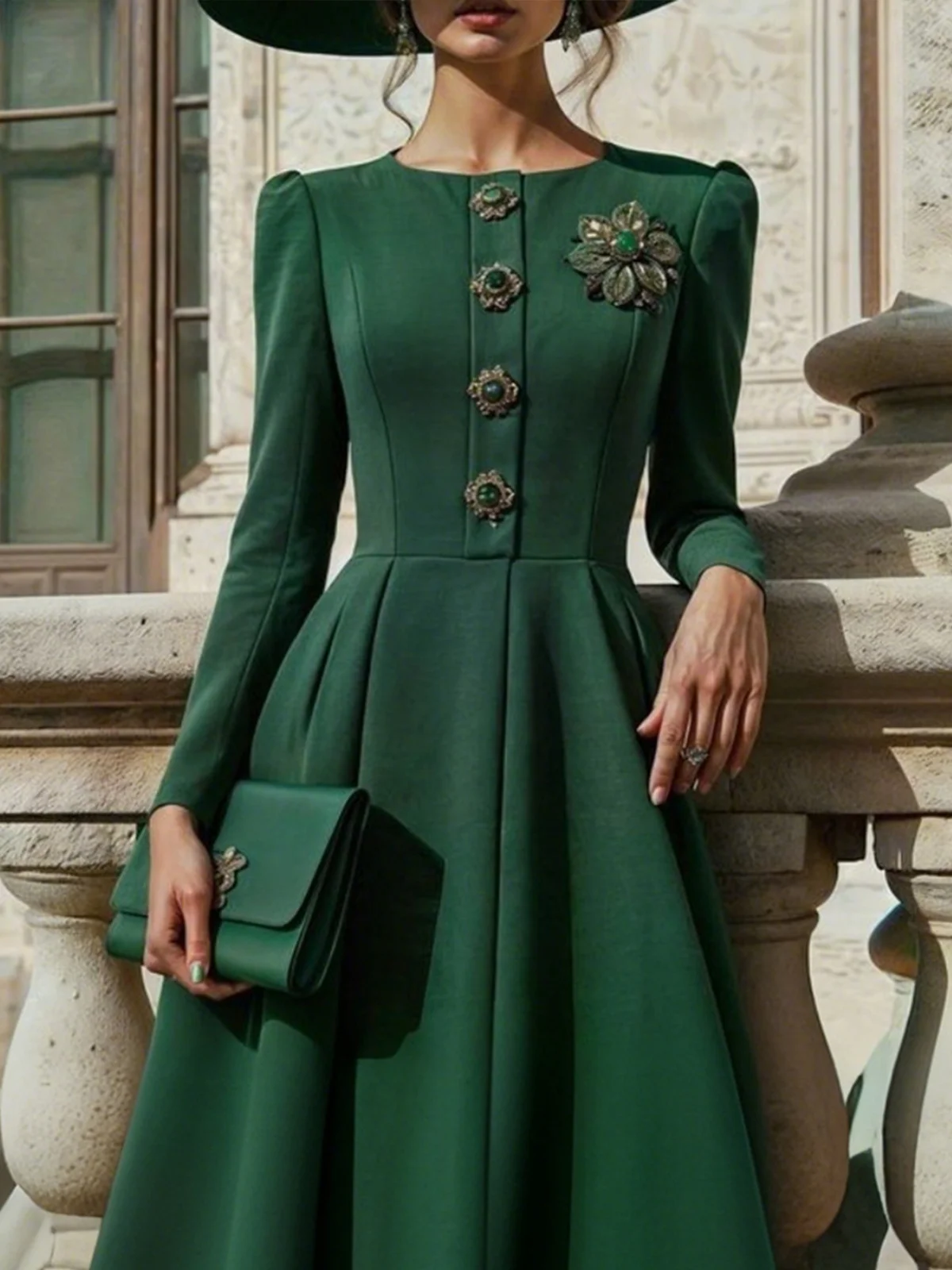 Elegant Crew Neck Buttoned Plain Long Sleeve Dress With Brooch