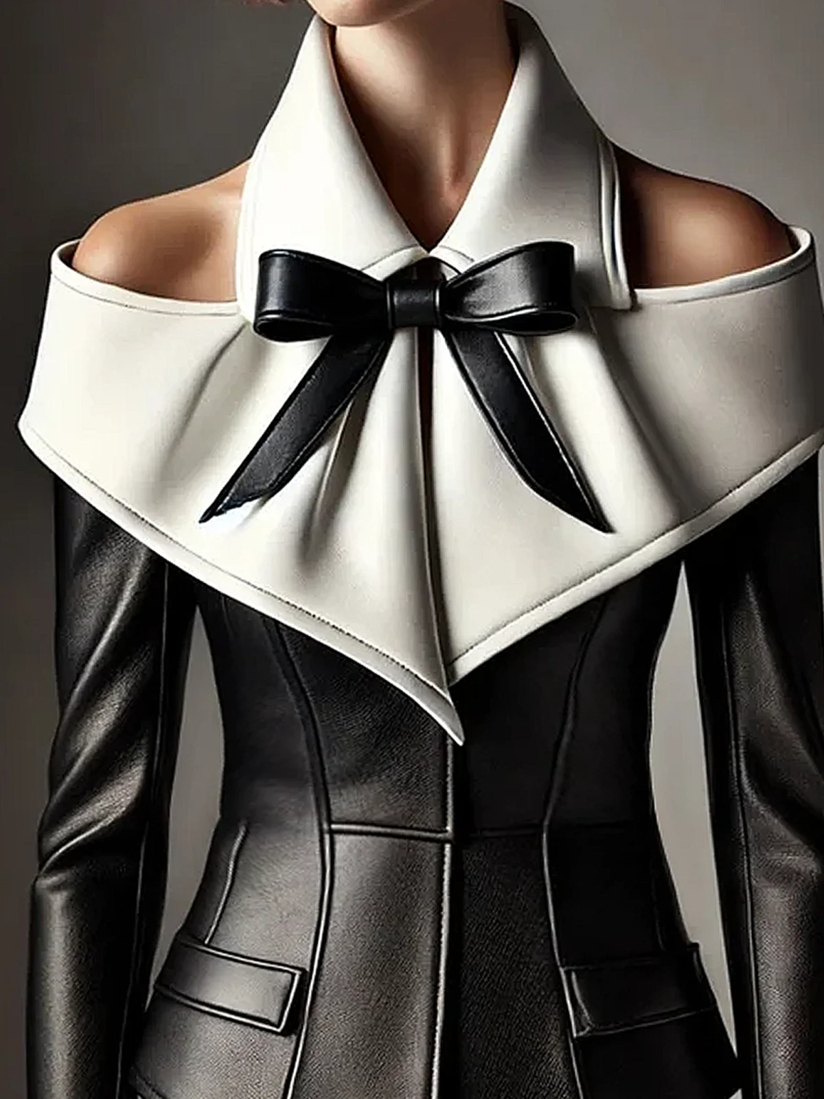 Off Shoulder Shirt Collar Faux Leather Coat