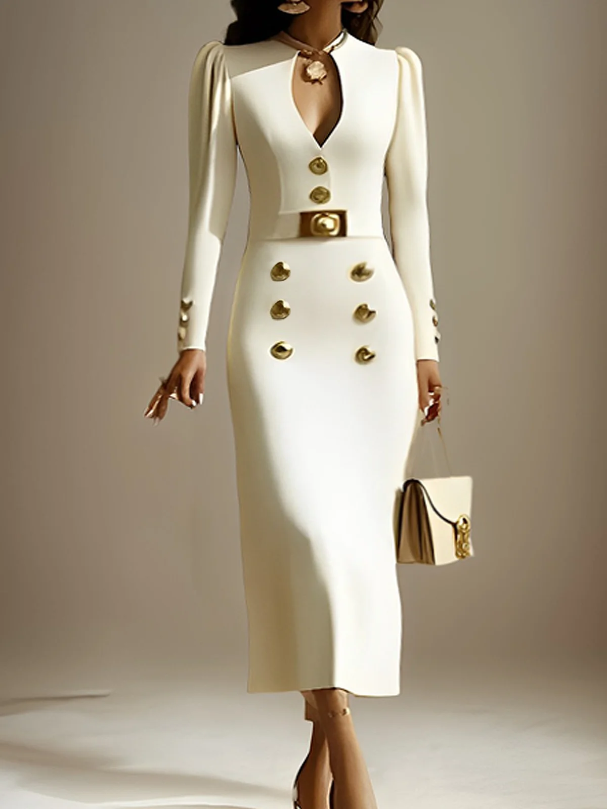 Micro-Elasticity Regular Fit Others Puff Sleeve Long Sleeve Elegant Midi Dress