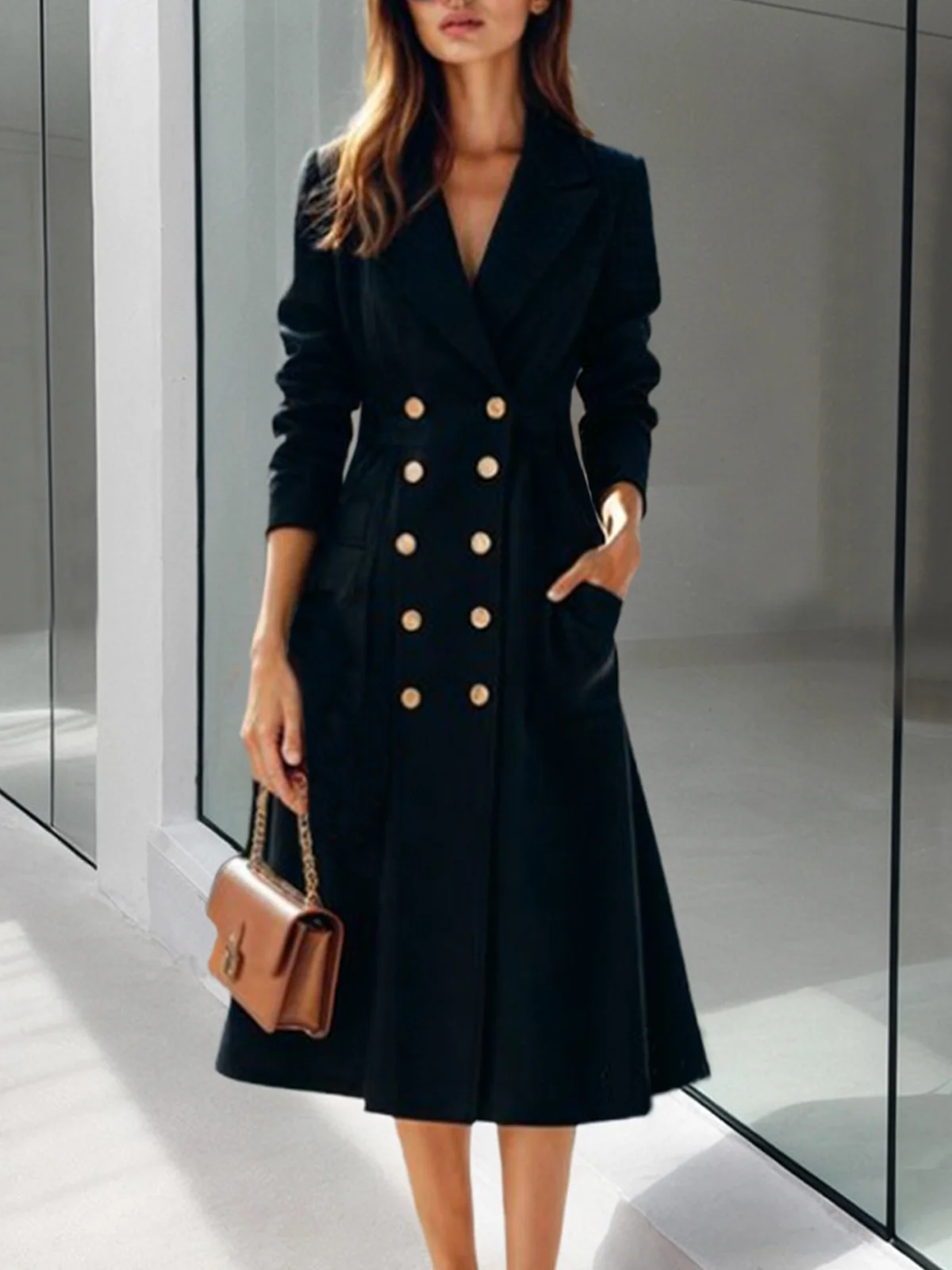 Regular Sleeve Regular Fit Plain Urban Lapel Collar Midi Dress