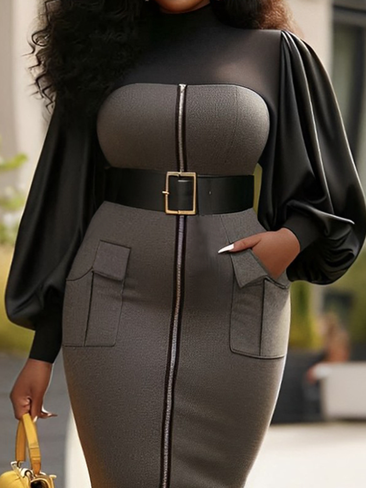 Micro-Elasticity Tight Elegant Color Block Balloon Sleeve Long Sleeve Dress With No Belt