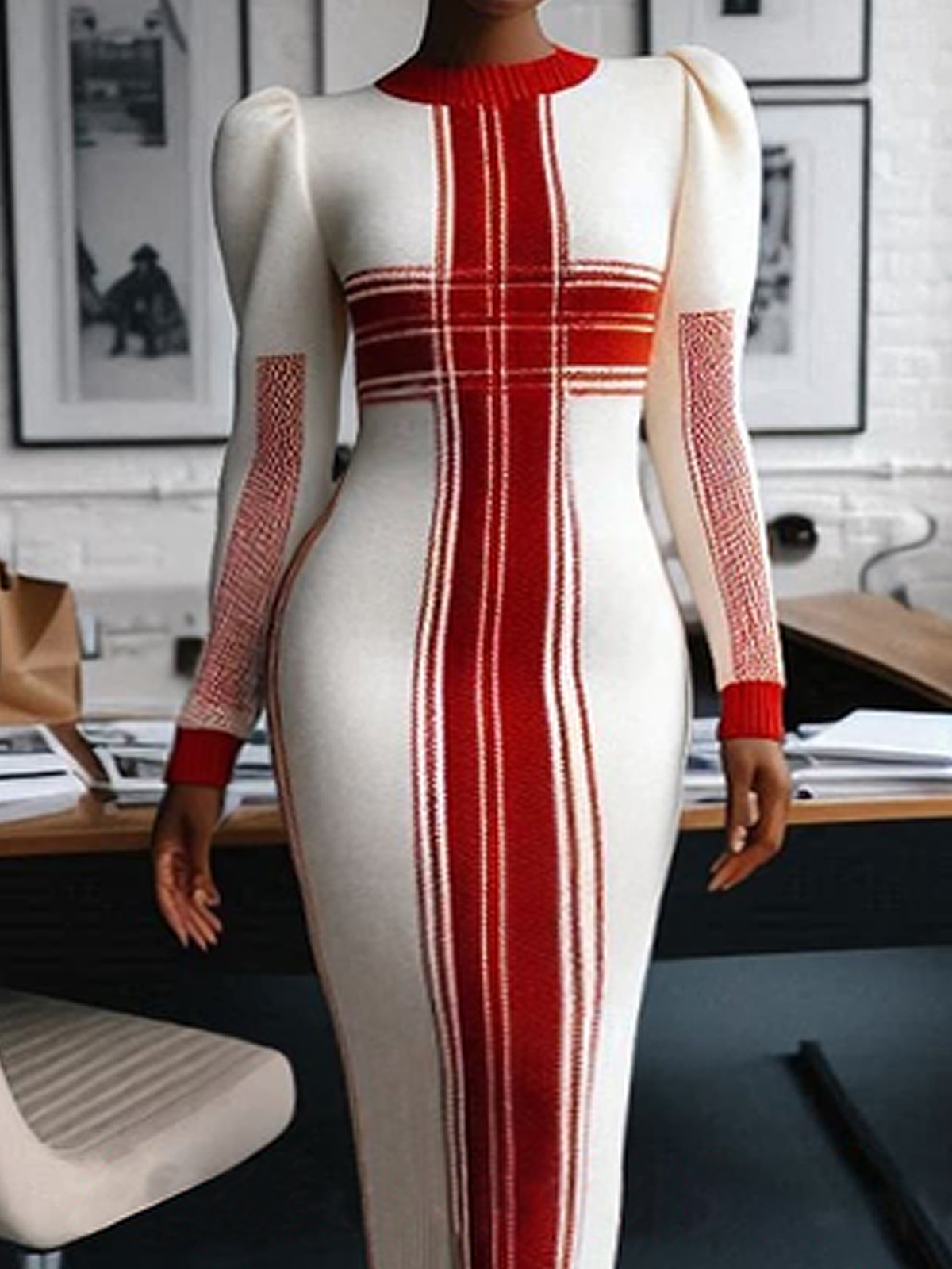 Tight High Elasticity Regular Sleeve Color Block Long Sleeve Elegant Sweater Midi Dress