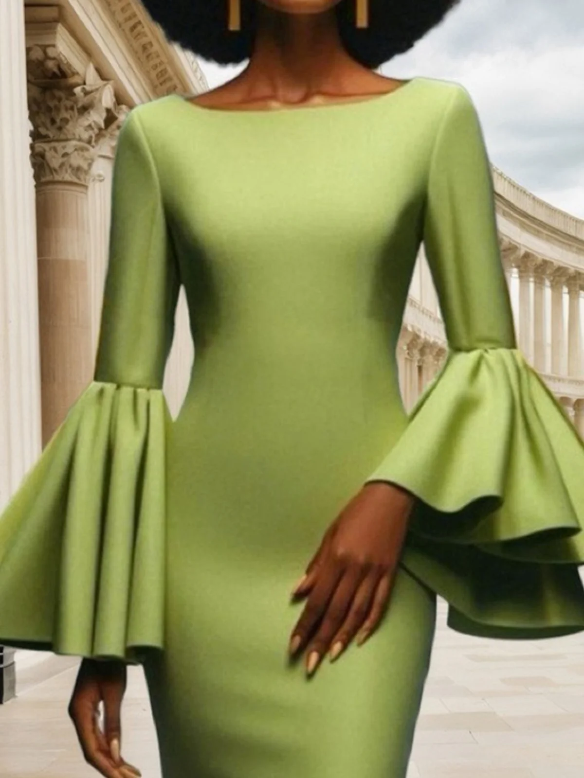 Elegant Plain Regular Fit Ruffle Sleeve Party Dress