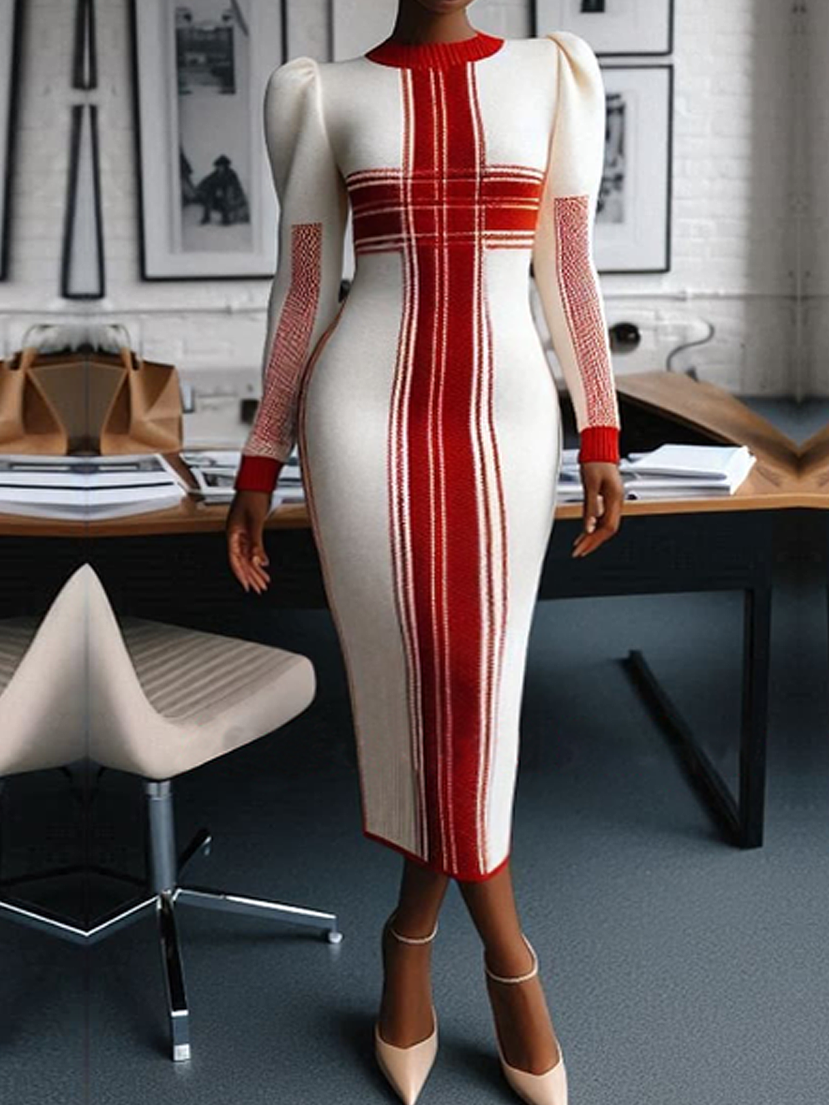 Tight High Elasticity Regular Sleeve Color Block Long Sleeve Elegant Sweater Midi Dress