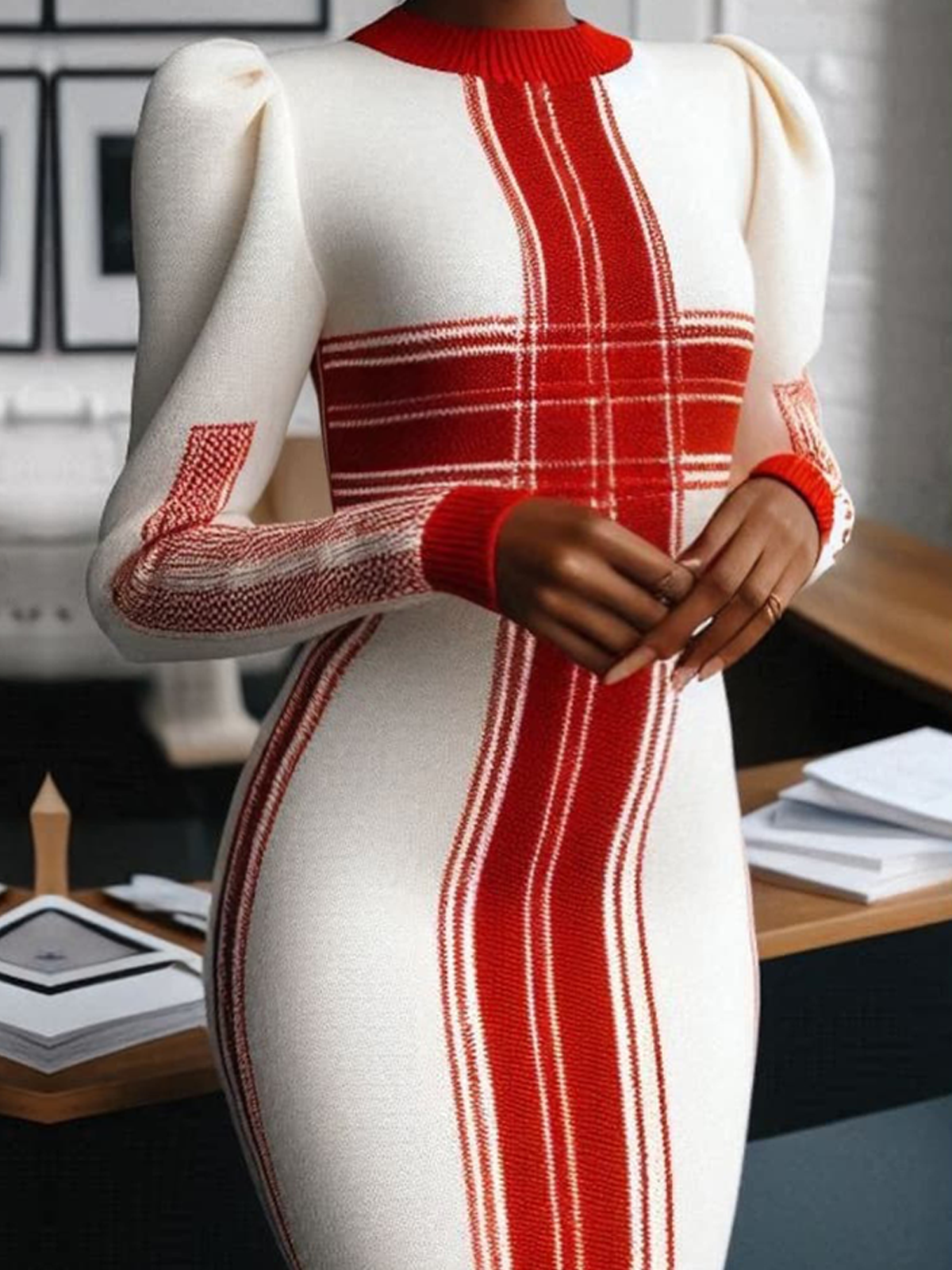 Tight High Elasticity Regular Sleeve Color Block Long Sleeve Elegant Sweater Midi Dress