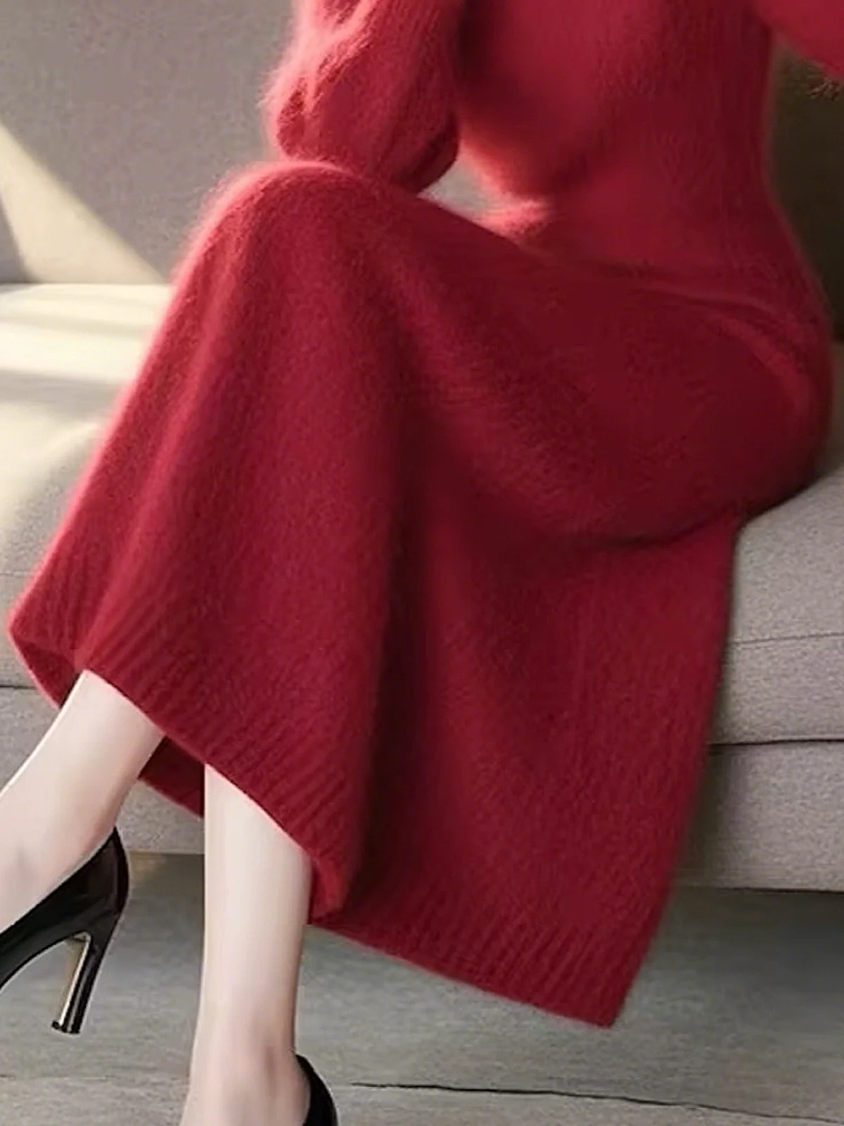 High Elasticity Regular Fit Plain Regular Sleeve Mock Neck Long Sleeve Elegant Sweater Midi Dress  Brooch not included