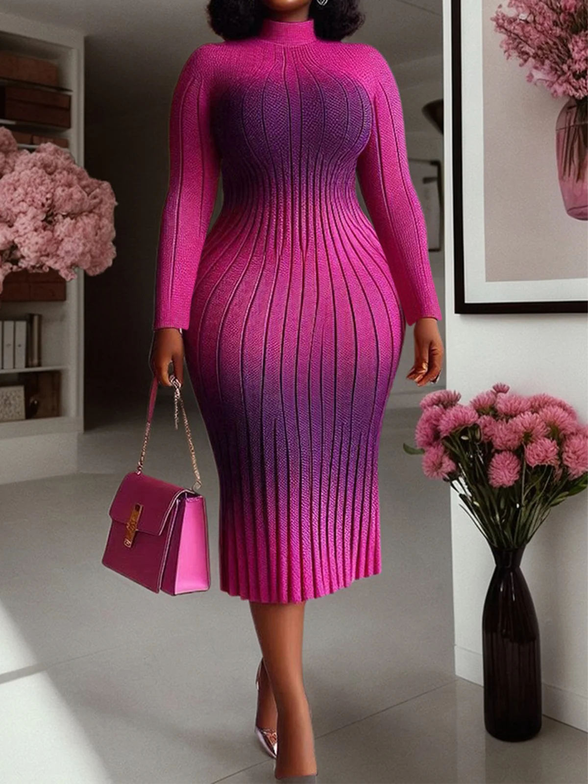 Ombre Long Sleeve Stand Collar Elegant Sweater Midi Dress