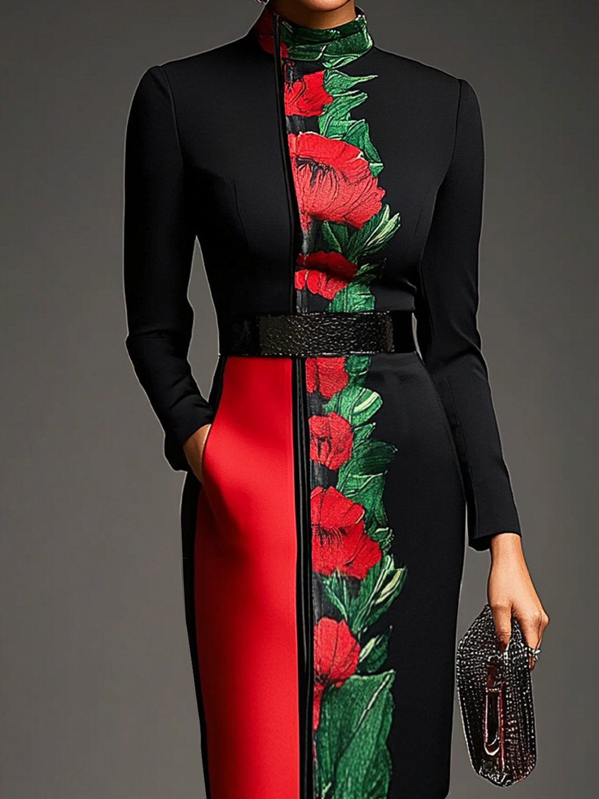 Regular Sleeve Urban Regular Fit Turtleneck Floral Pattern Dress